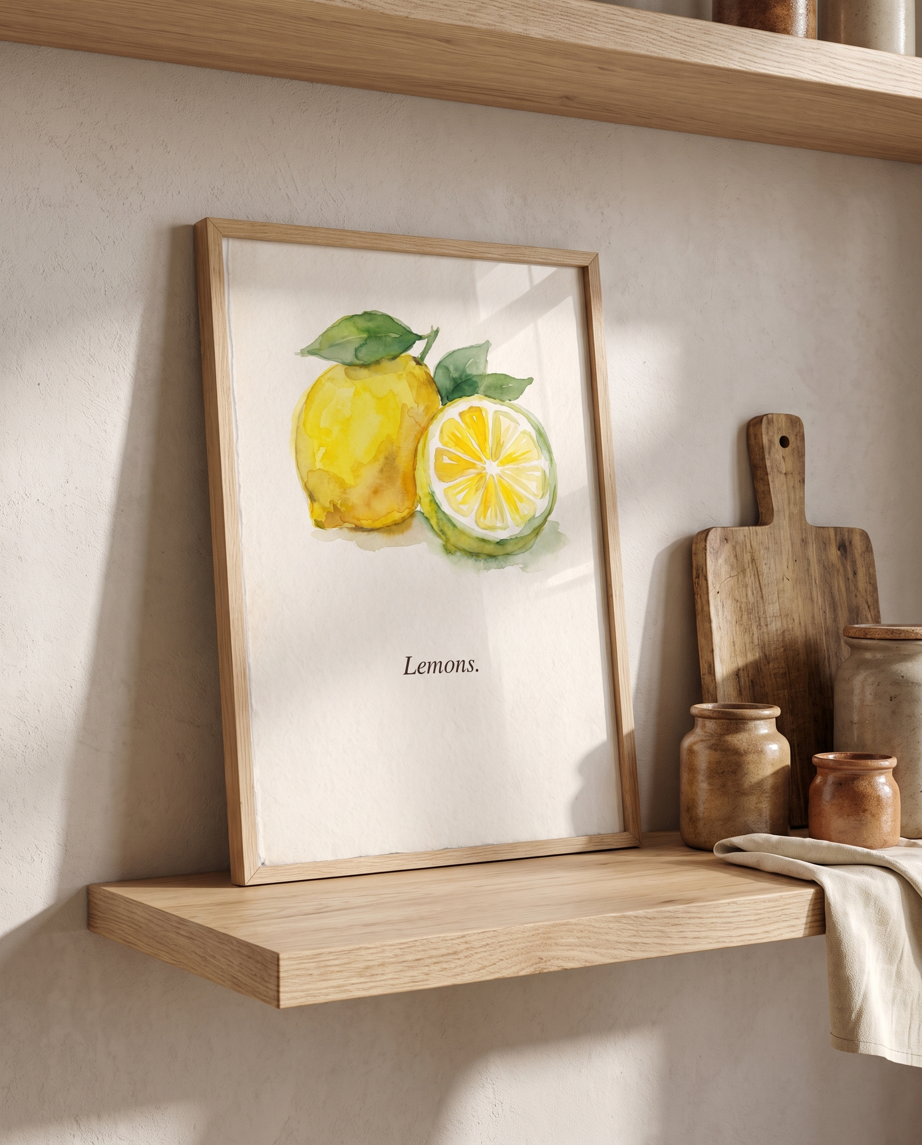Lemons kitchen print leaning on an oak kitchen shelf