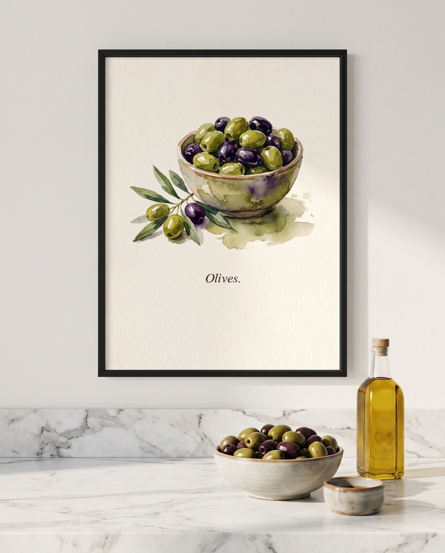 Olives kitchen print framed in black above a marble worktop