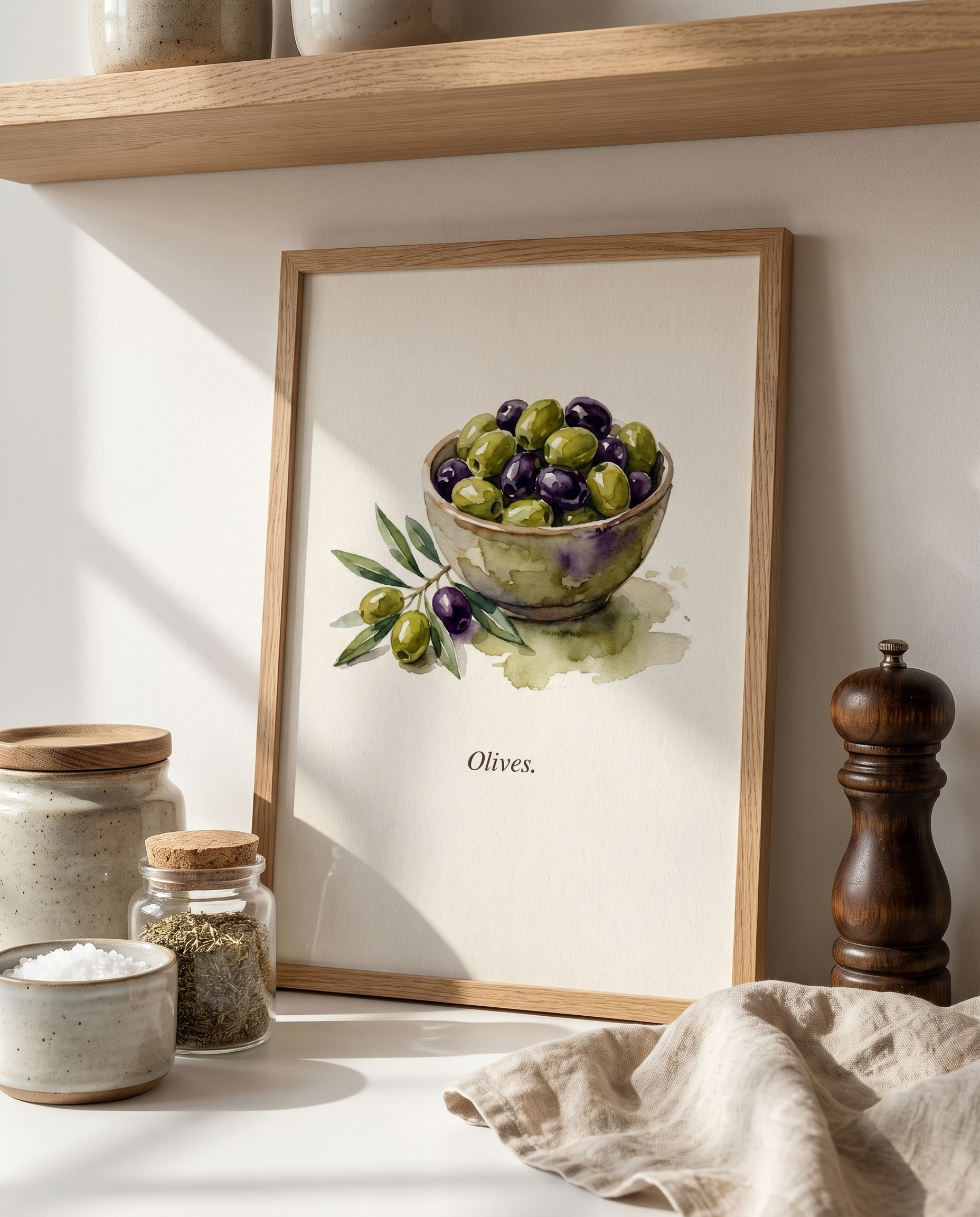 Olives kitchen print leaning on an oak kitchen shelf