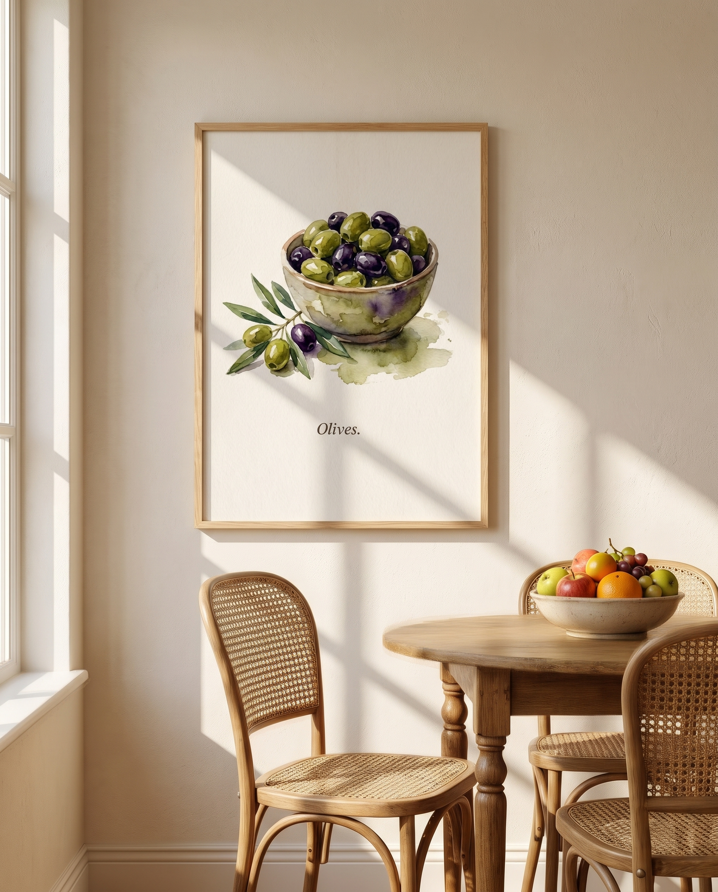 Olives kitchen print framed in oak beside a breakfast nook