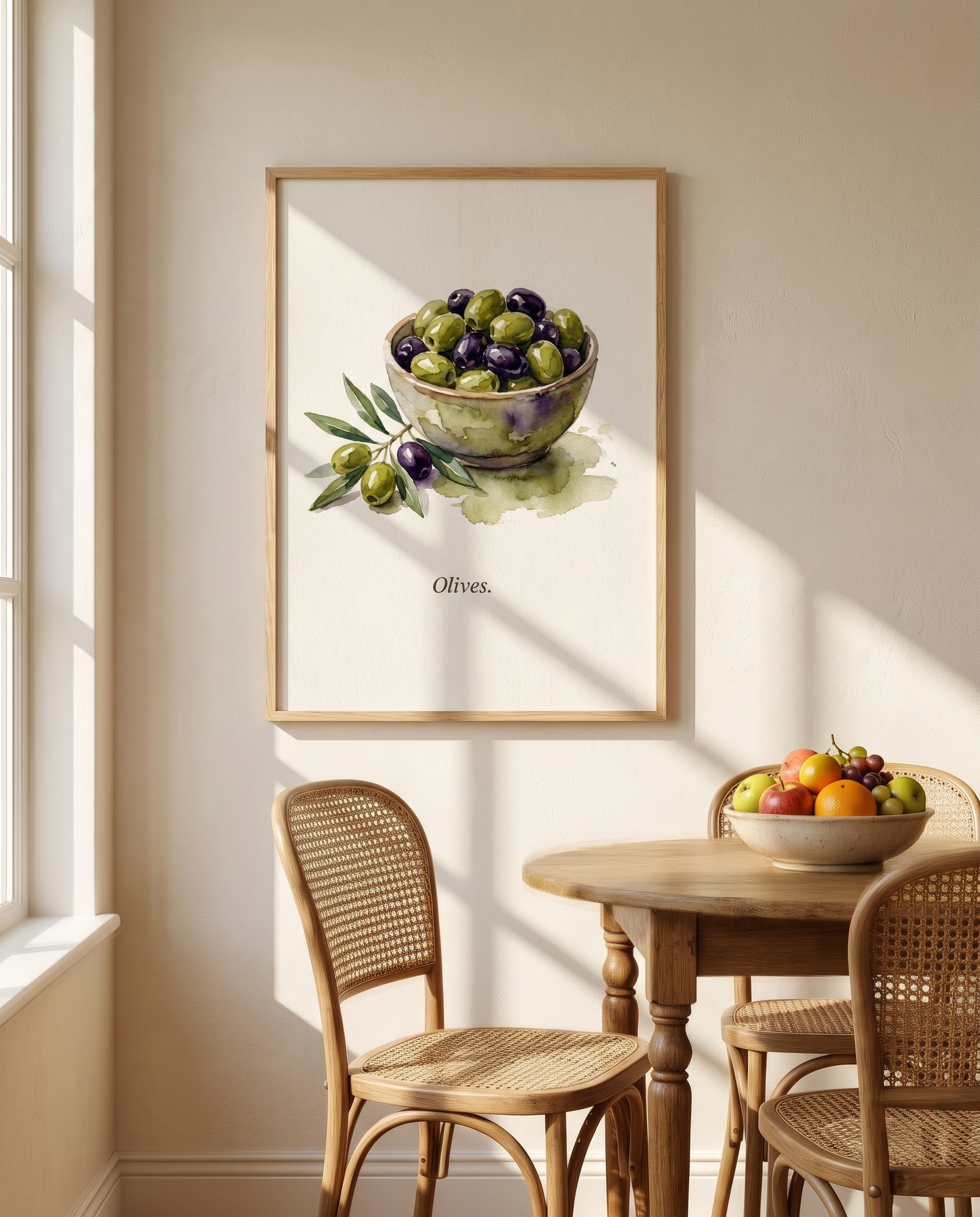 Olives kitchen print framed in oak beside a breakfast nook