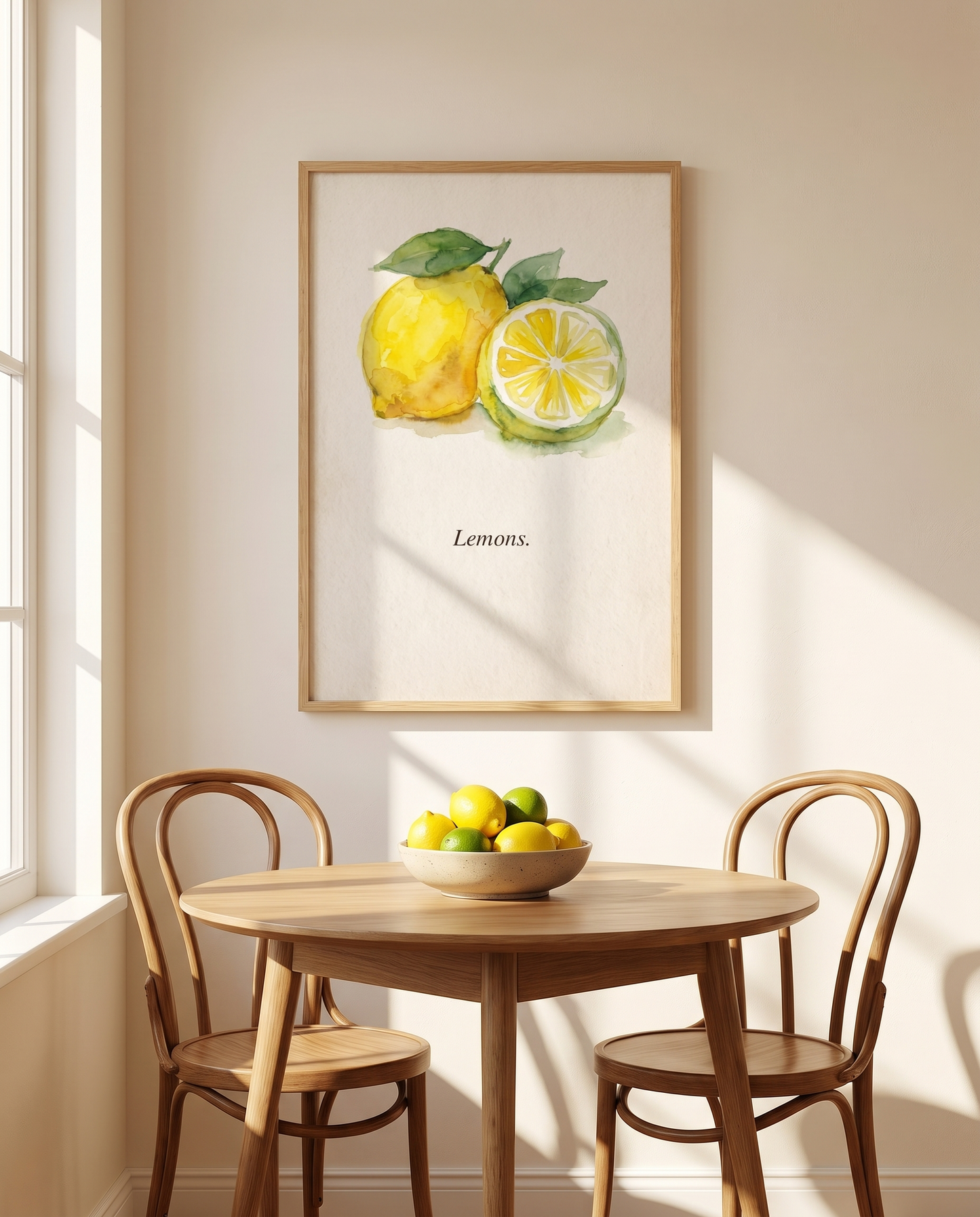 Lemons kitchen print framed in oak beside a breakfast nook