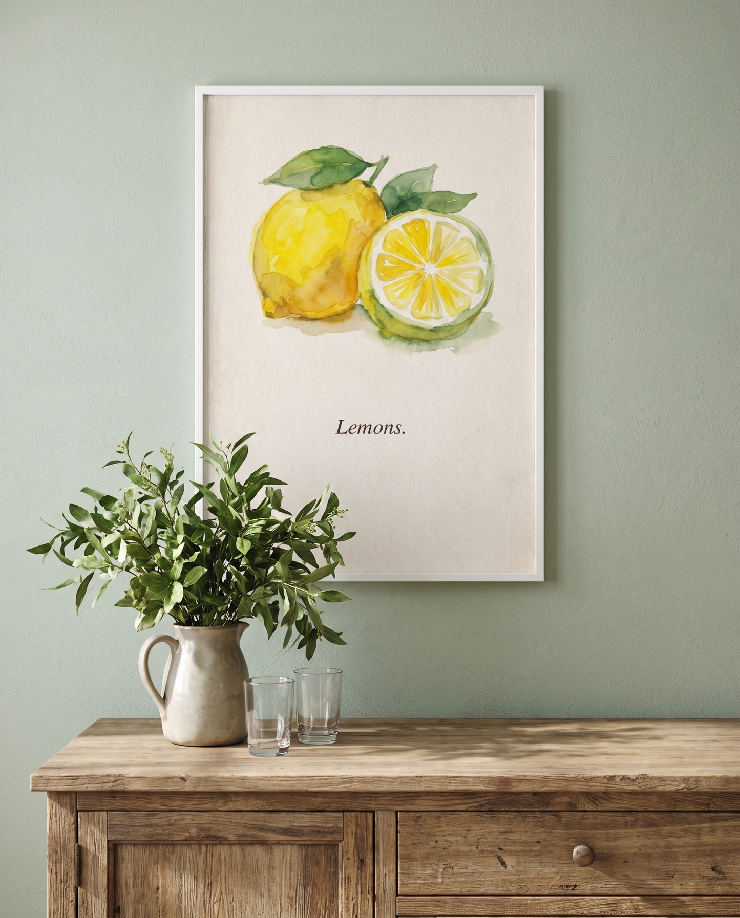 Lemons kitchen print framed in white in a sage dining room