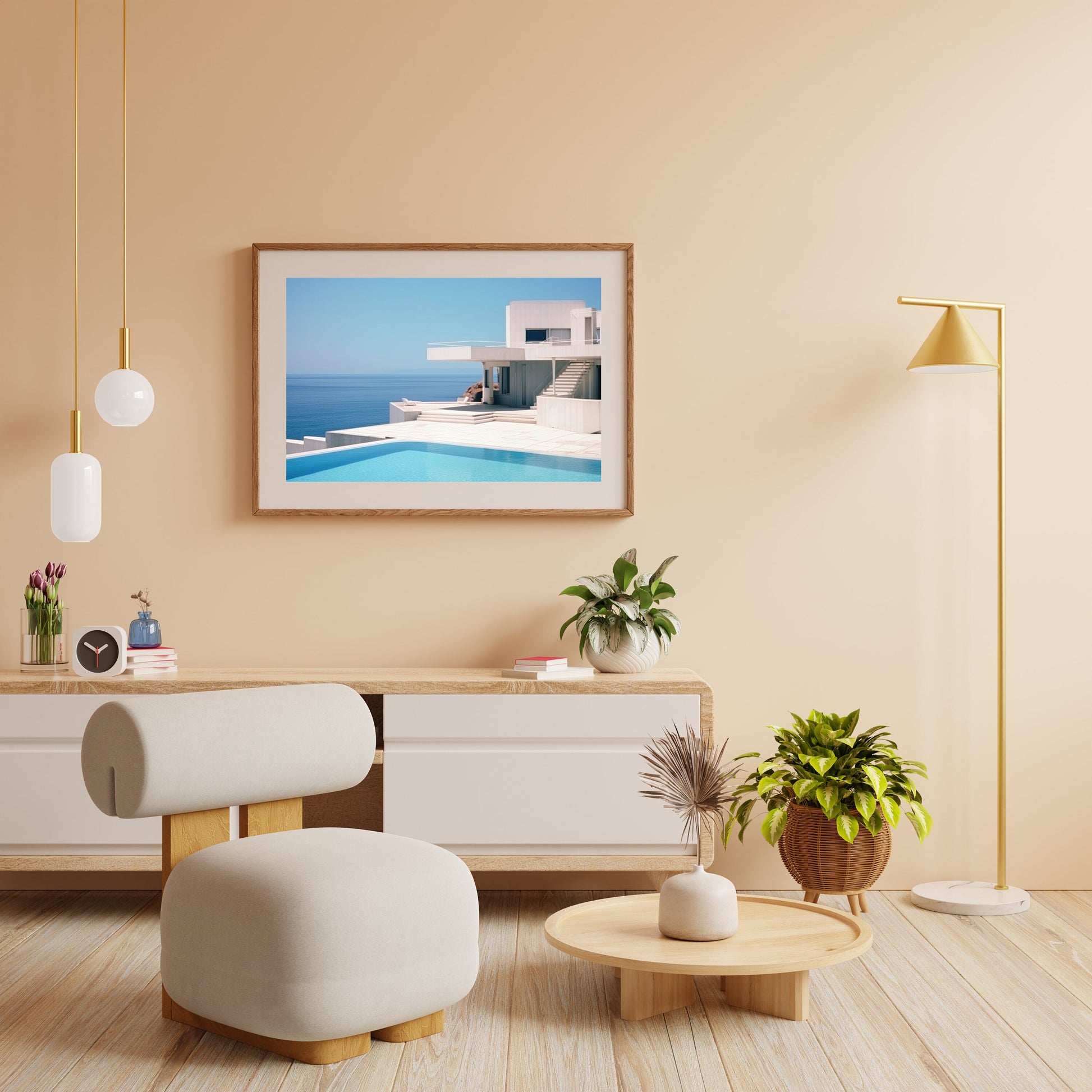 a living room with a picture hanging on the wall