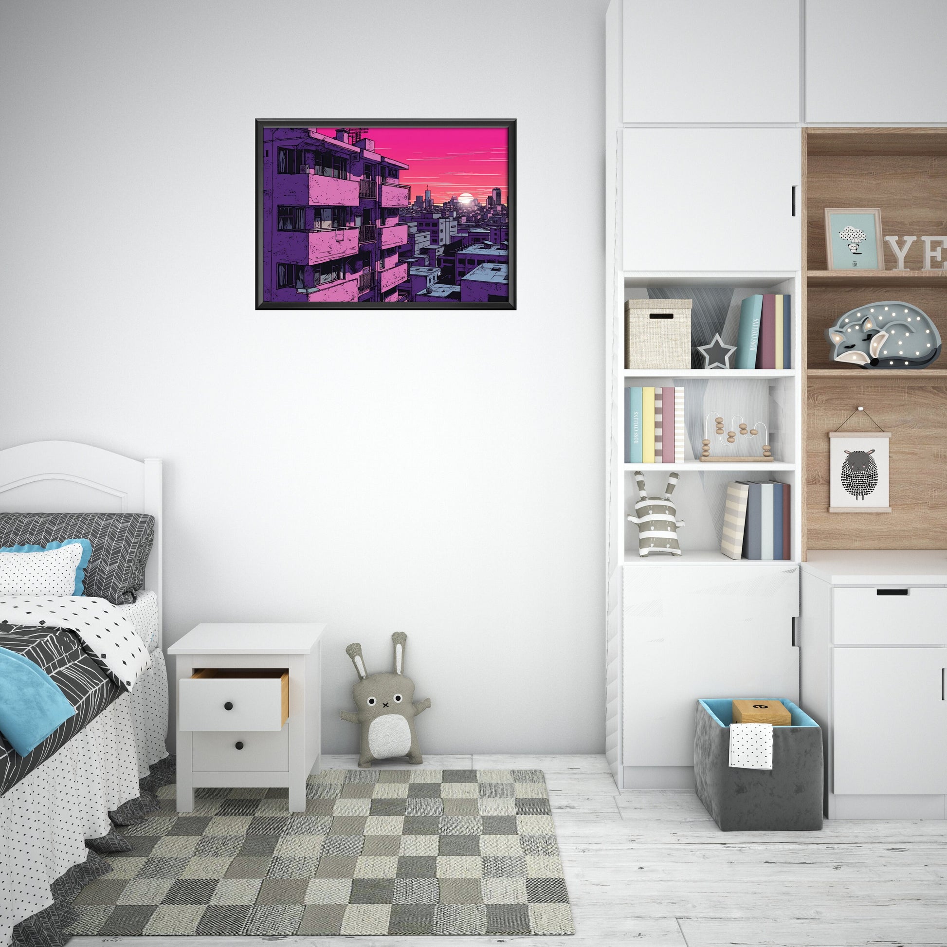 a bedroom with a bed and a book shelf