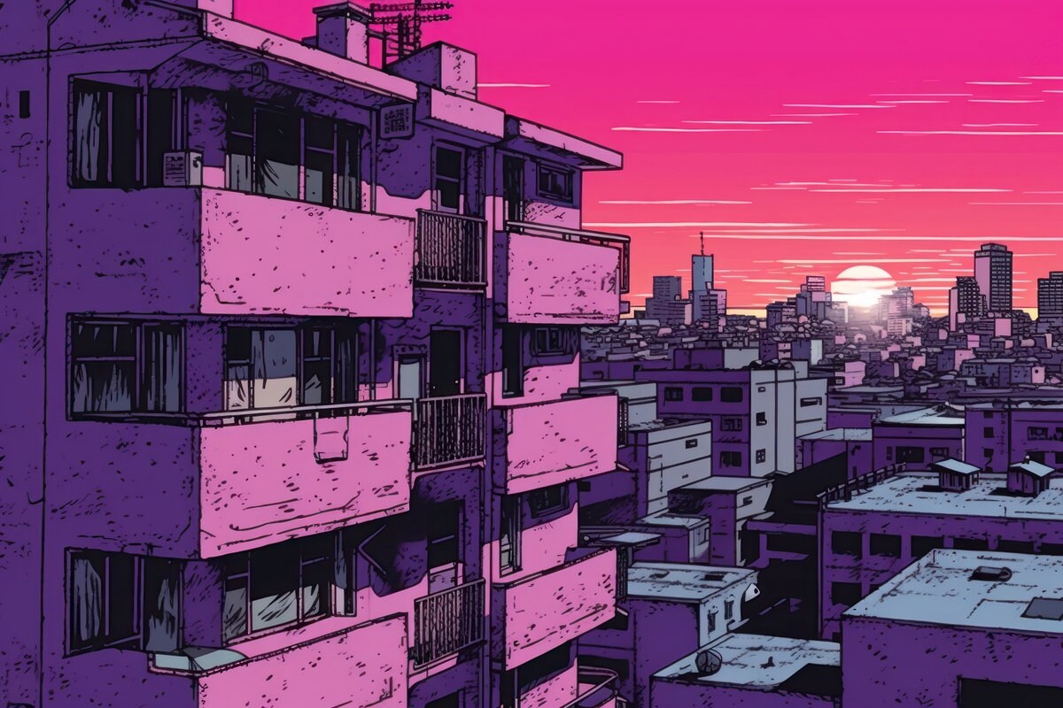 a picture of a city at sunset with buildings in the foreground