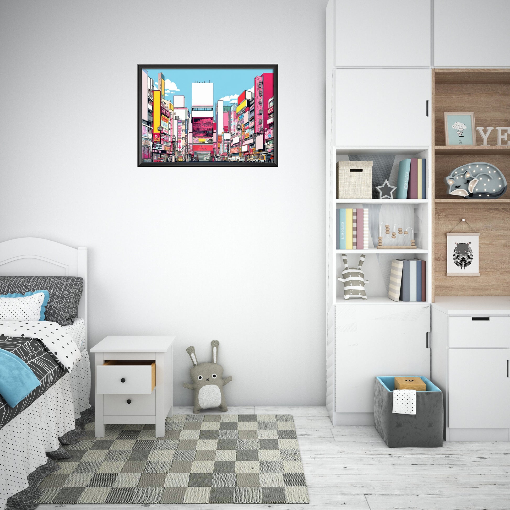 a picture of a bedroom with a bed and a book shelf