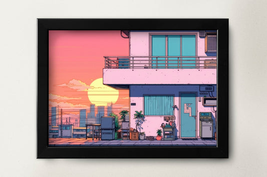 a picture of a building with a sunset in the background