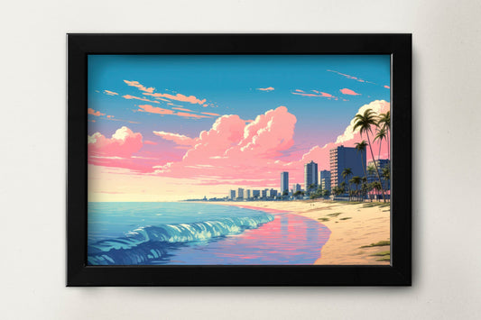 a painting of a beach with a city in the background