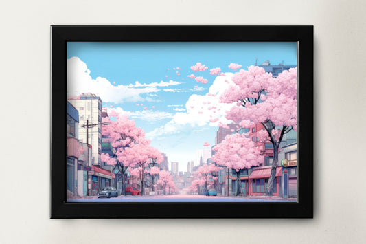 a painting of a city street with pink trees