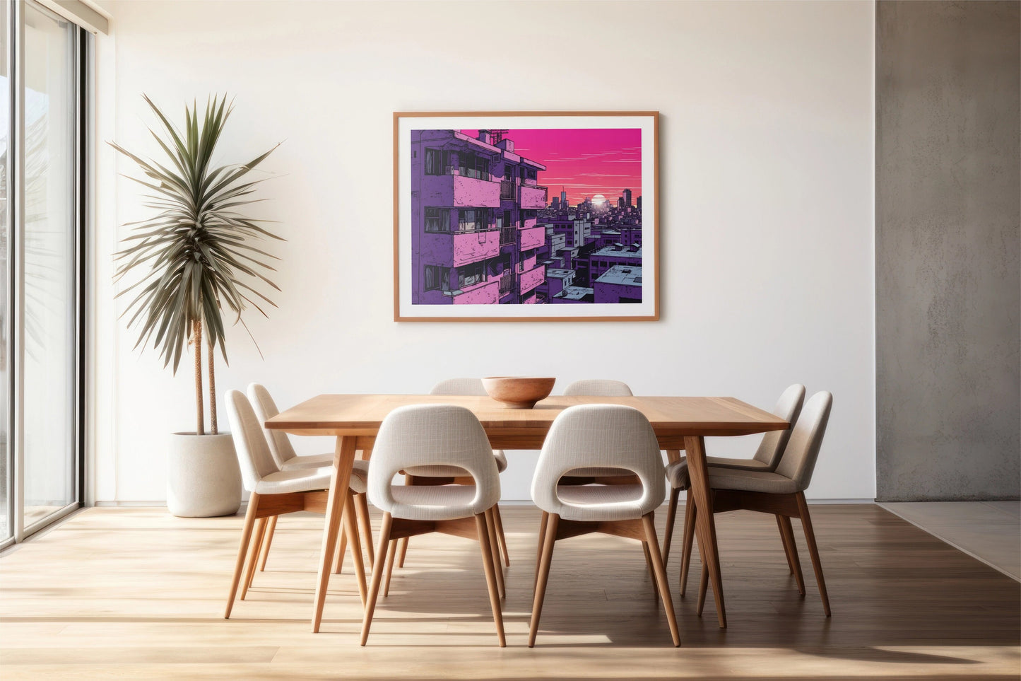 a dining room table with chairs and a potted plant