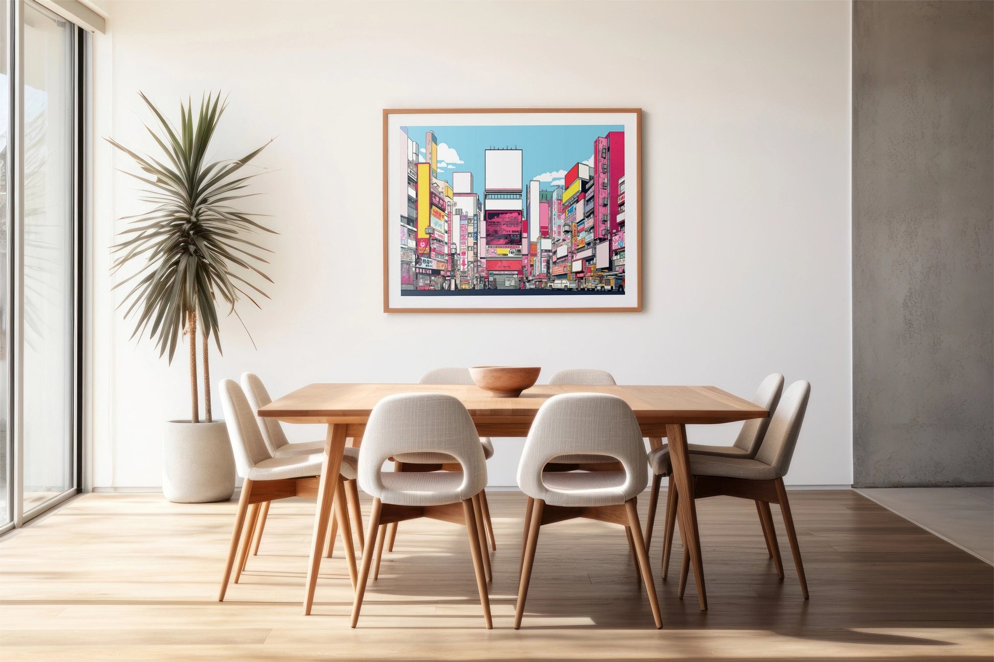 a picture of a cityscape hangs above a dining room table