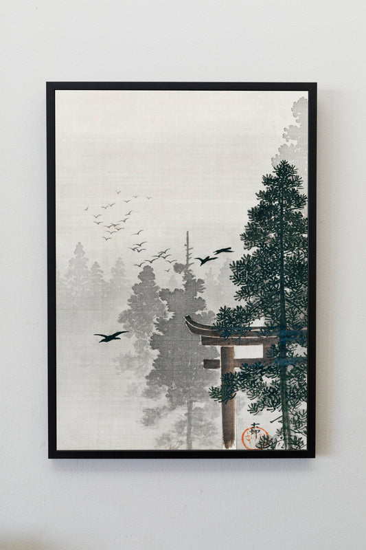 Flock of birds and a torii gate in a pine tree forest by Ohara Koson Japanese Art Print Poster Wall Hanging Decor A4 A3 A2