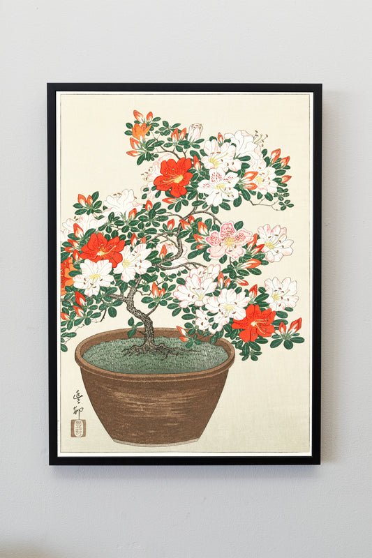 Blooming azalea in brown pot by Ohara Koson Japanese art Poster Illustration Print Wall Hanging Decor A4 A3 A2