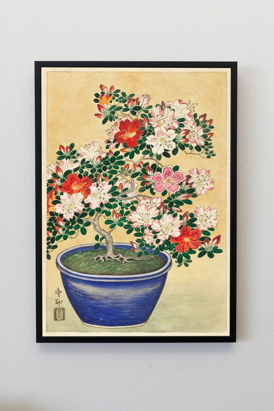 Blooming azalea in blue pot by Ohara Koson Poster Illustration Print Wall Hanging Decor A4 A3 A2