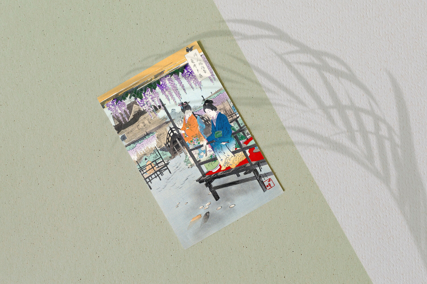 Two Maidens on Veranda Overlooking Fish Pond  Japan Japanese Poster Illustration Print Wall Hanging Decor
