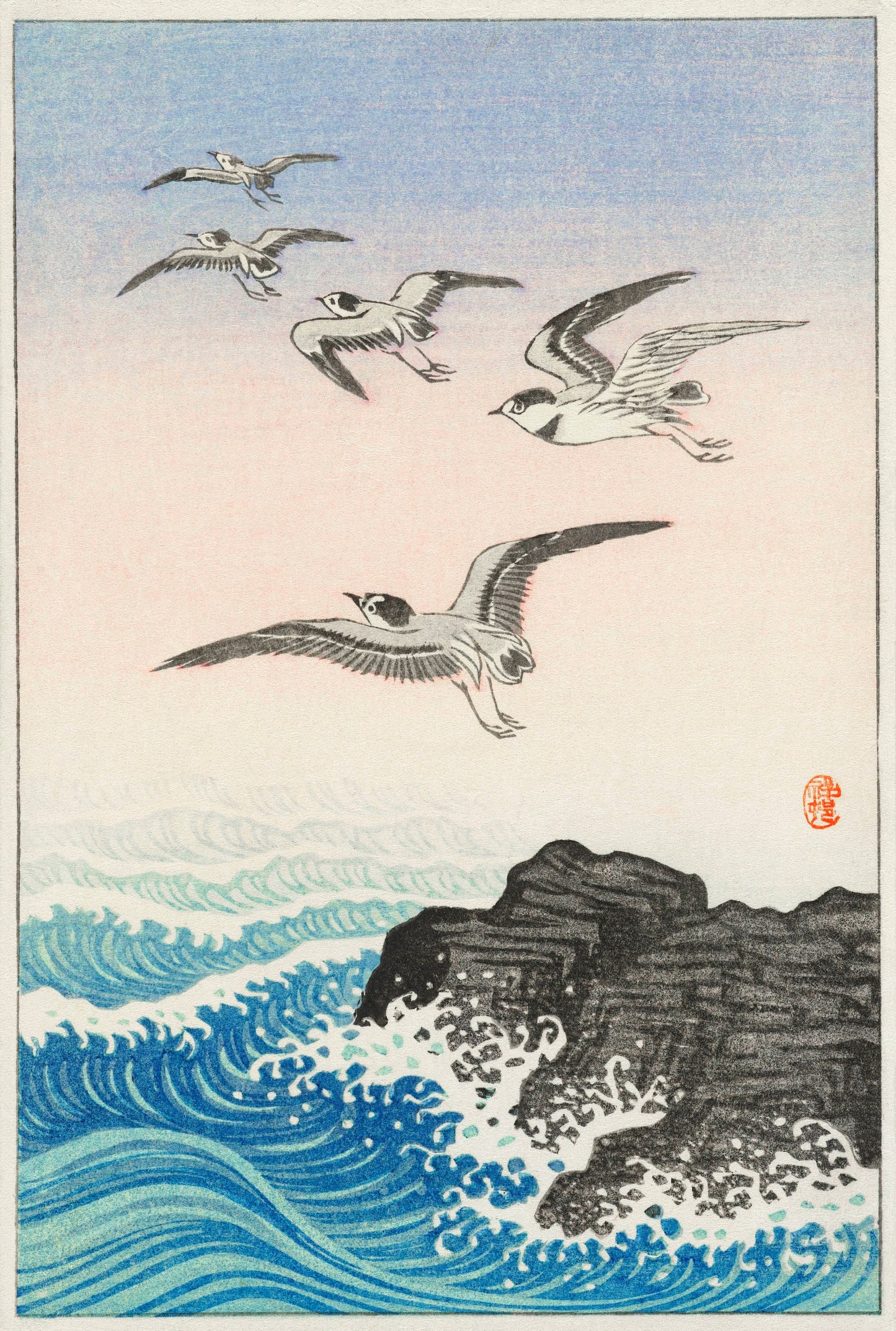 Five seagulls above the sea by Ohara Koson Japanese Art Print Poster Wall Hanging Decor A4 A3 A2