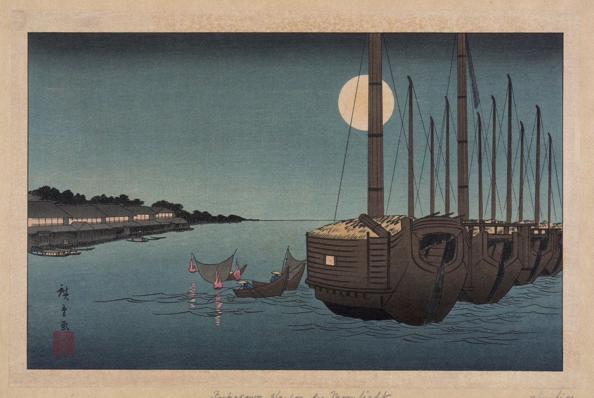 Japanese Art Prints | Landscape Wall Art | Boat Artwork | Moon Wall Art | Bedroom Wall Art | Scenic Prints | Nautical Art