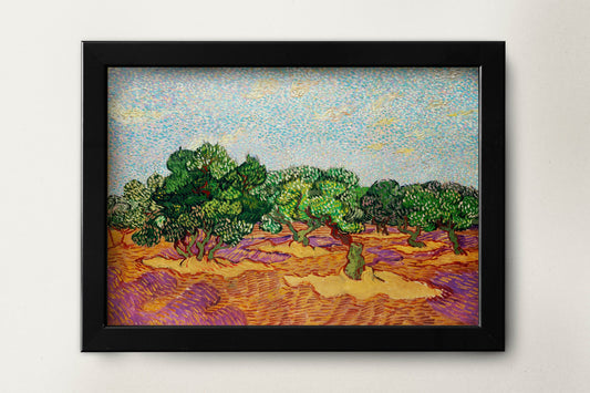 a painting of a field with trees in the background