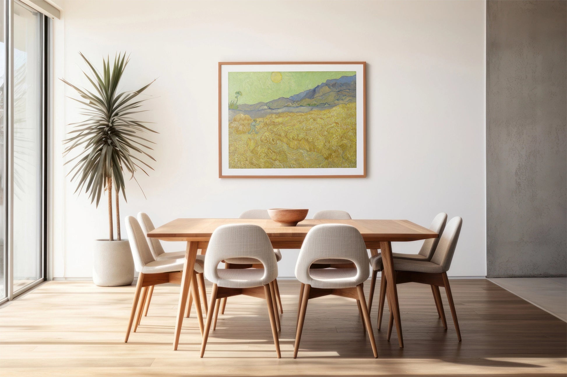 a picture of a dining room with a table and chairs