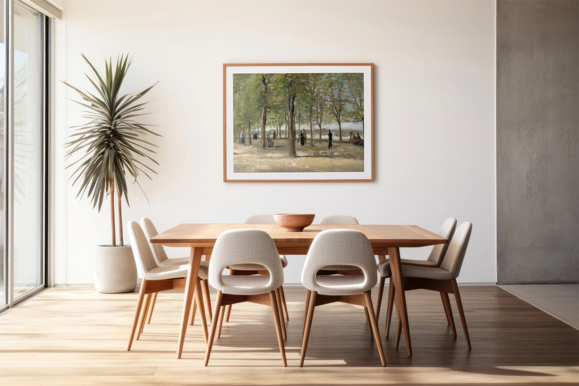 a picture of a dining room with a table and chairs
