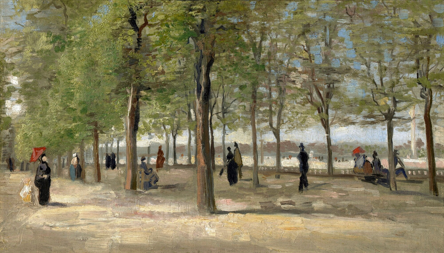 a painting of people walking in a park