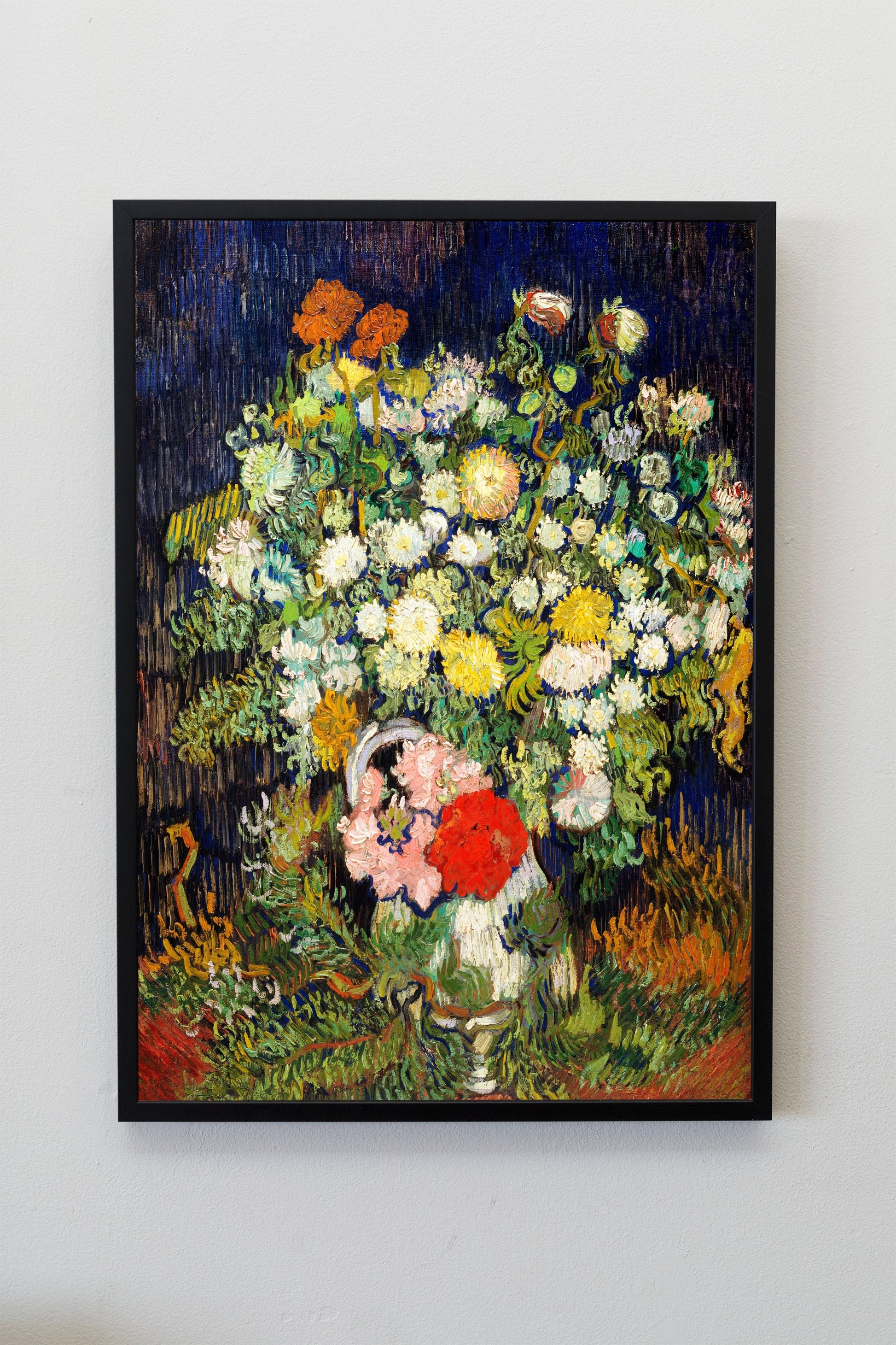 a painting of flowers in a vase on a wall