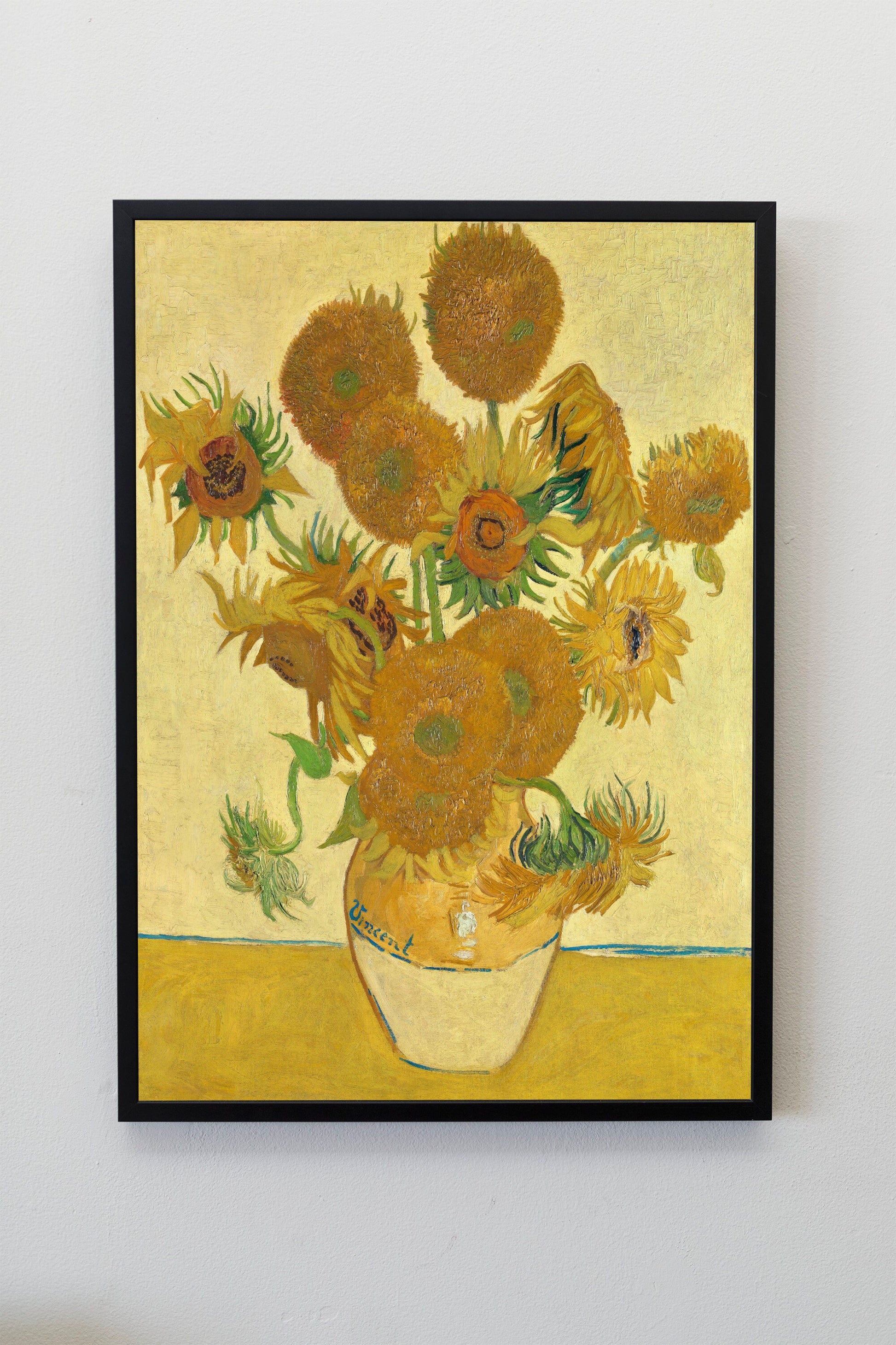 a painting of sunflowers in a vase on a wall