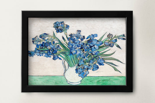 a painting of blue flowers in a white vase