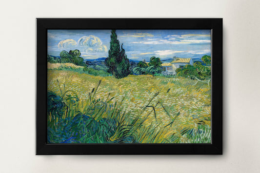 a painting of a field with a house in the background