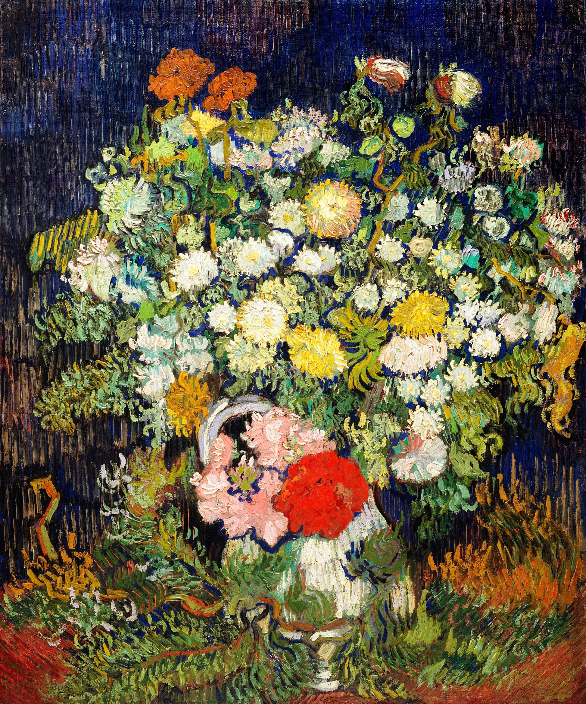 a painting of flowers in a vase on a table