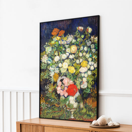 a painting of a vase of flowers on a dresser