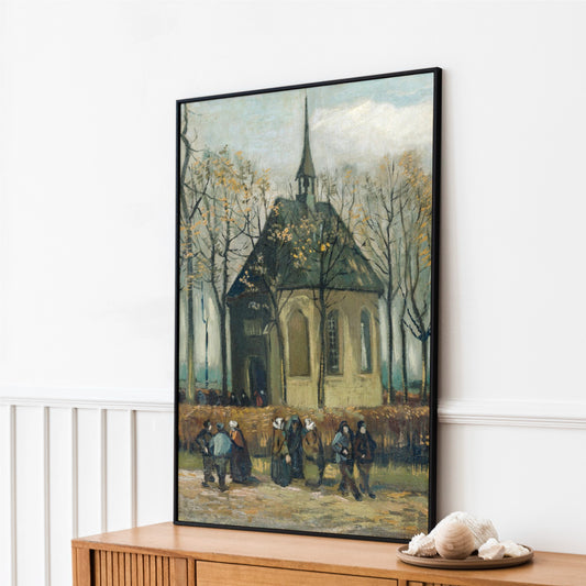 a painting of people standing in front of a church