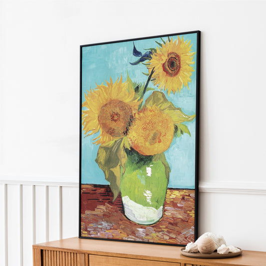 a painting of sunflowers in a green vase