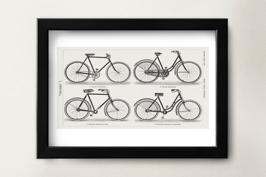 Black and white different types of bicycles vintage illustration art print poster Wall Hanging Decor